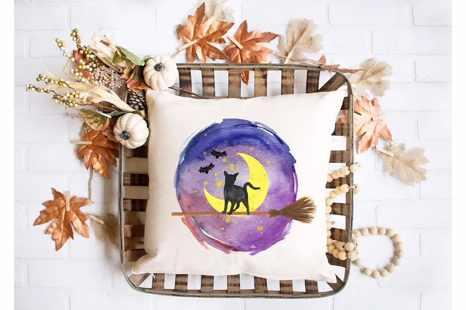 Halloween Throw Pillow with Black Cat on a Broomstick