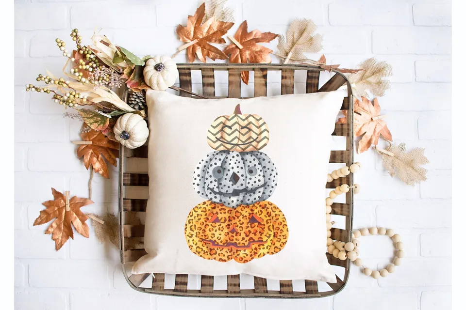 Halloween Throw Pillow with Stacked Pumpkins
