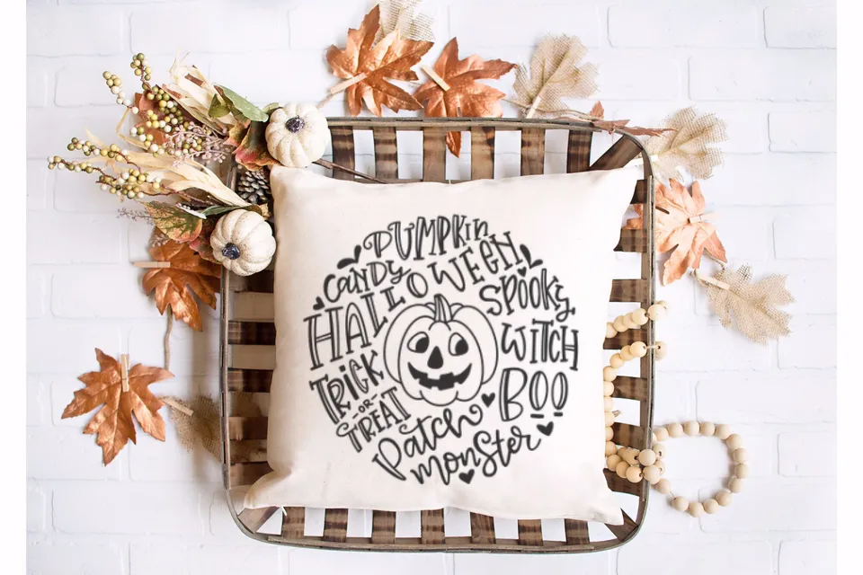 Halloween Throw Pillow with Pumpkin Design and Spooky Text